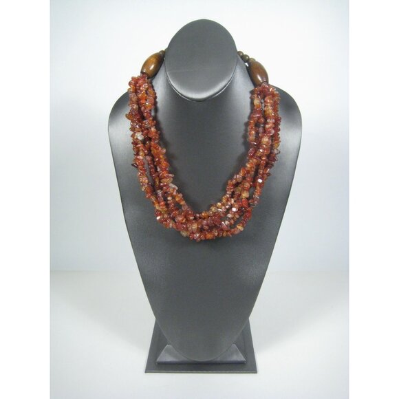 Carnelian Stone Chip Multi Strand Beaded Necklace  Wooden Accents Boho Chic 21in - Picture 6 of 9
